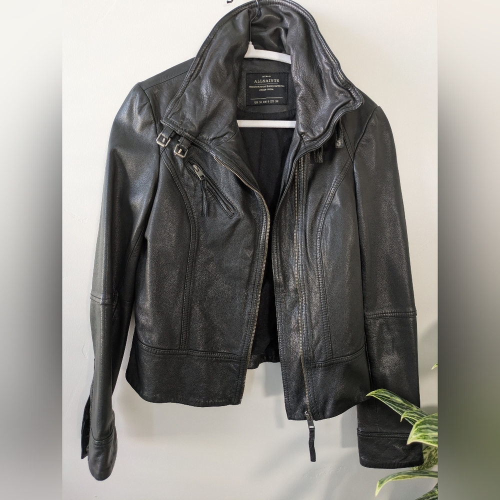 All Saints Black Leather Jacket with Buckle Collar - Picture 7 of 12